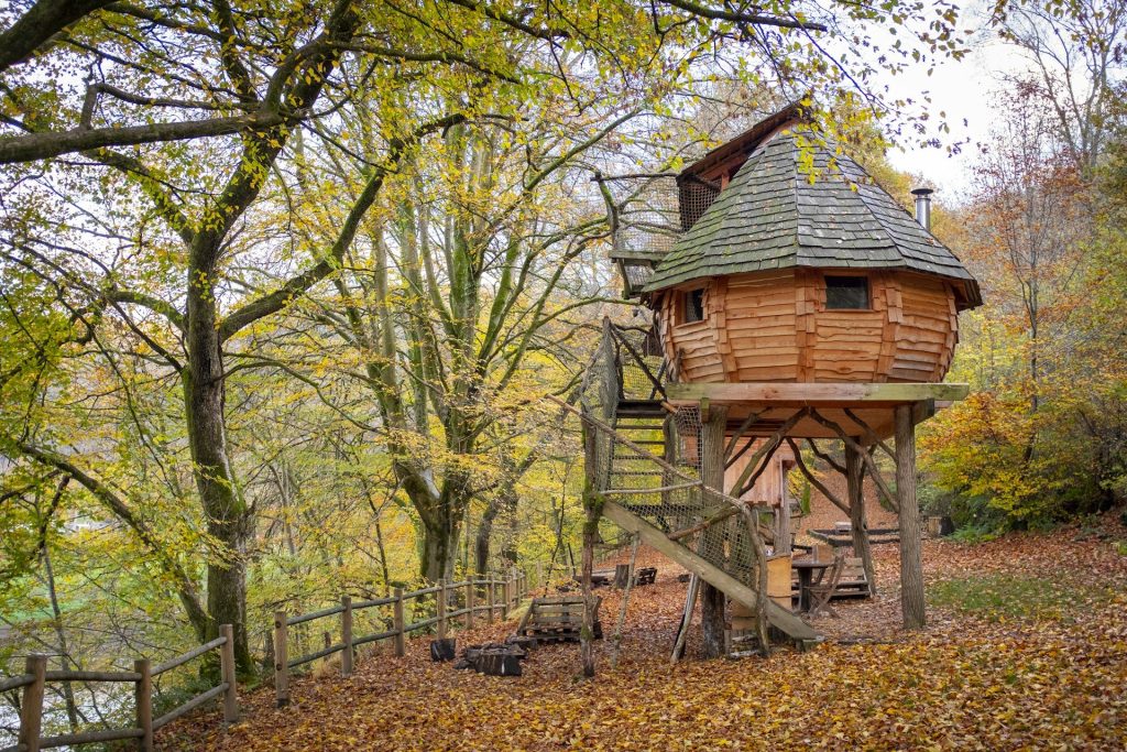 Cabane perchée dans une forêt aux couleurs d’automne