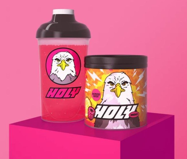 Shaker et pot Holy Energy saveur framboise sur fond rose