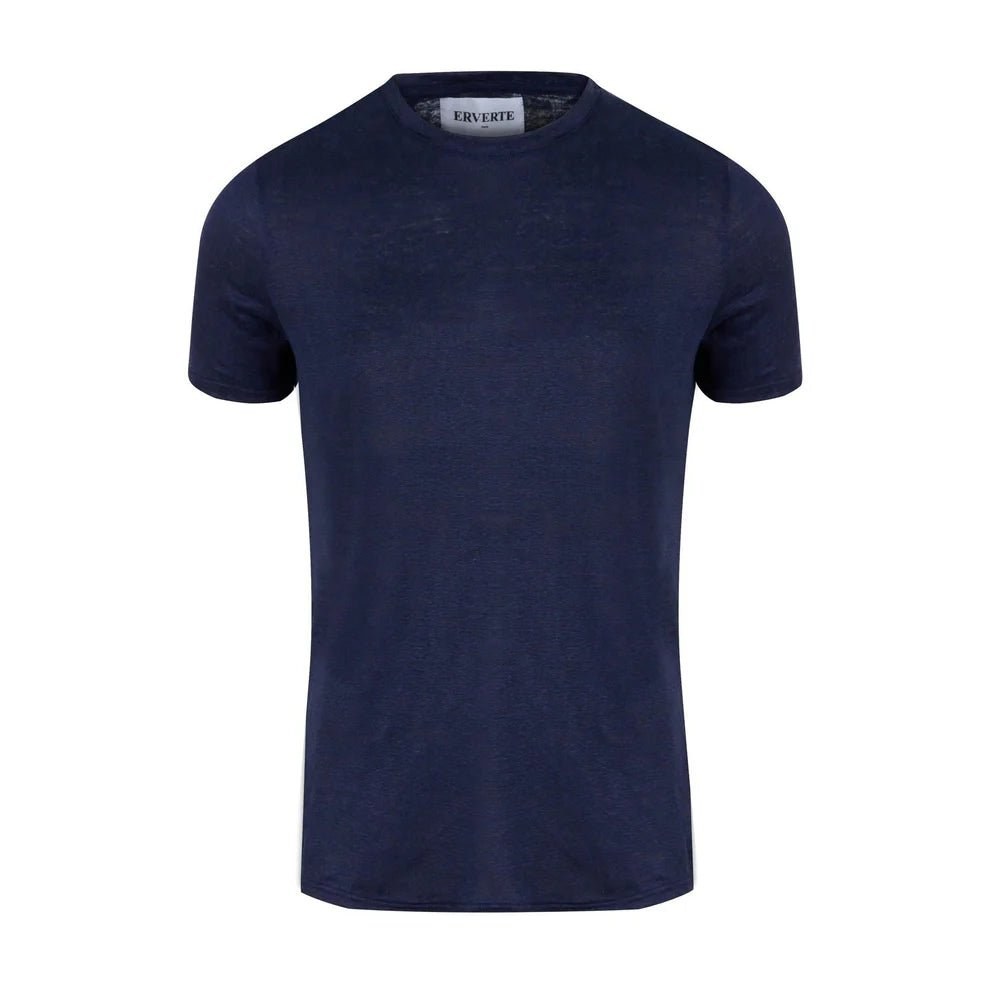 Gros plan du tee-shirt en lin bleu marine ERVERTE à plat montrant la texture du tissu